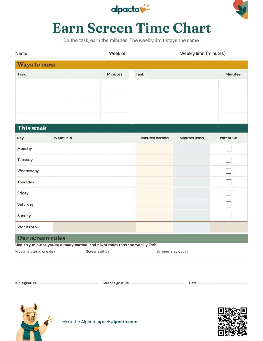 Blank earn screen time chart, color design, with ochre, teal and sage section bands