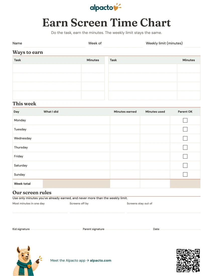 Earn screen time chart printable, blank