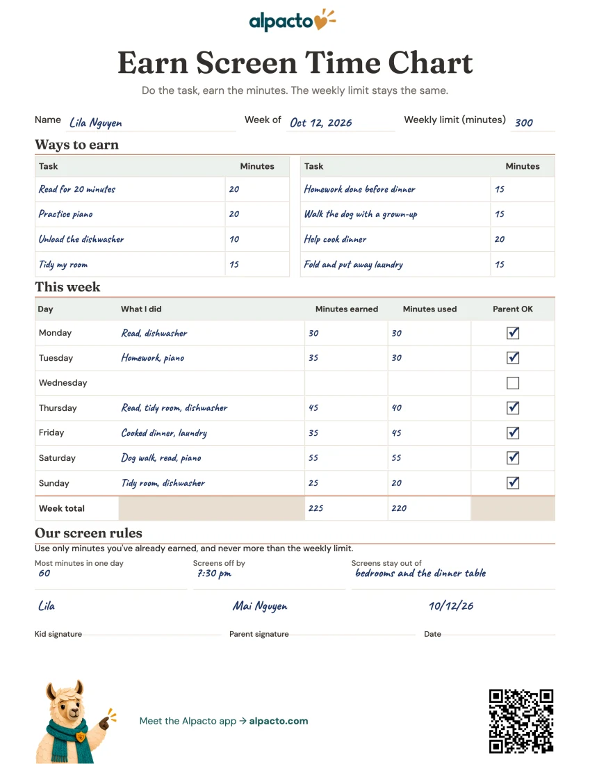 Earn screen time chart filled in for Lila, minimal design, eight tasks, six days with Parent OK ticked and a week total of 225 earned and 220 used