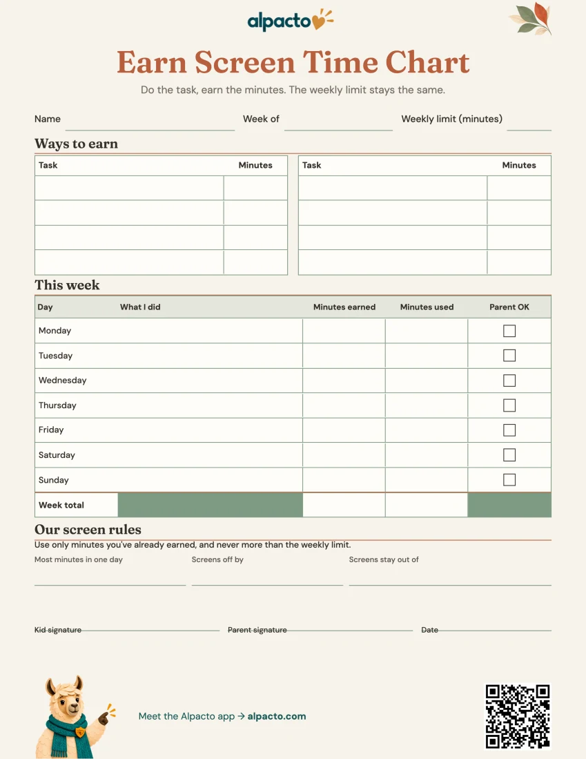 Blank earn screen time chart, warm design, cream paper with sage table headers