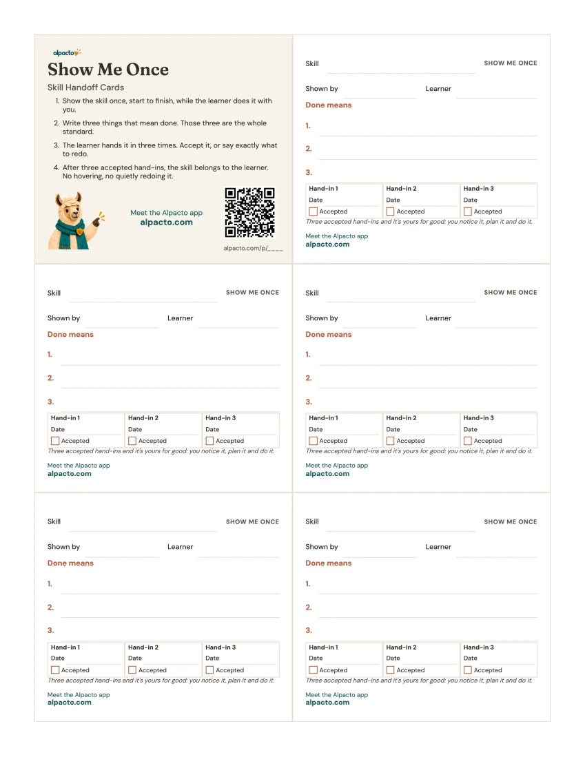 Skill handoff cards printable, blank