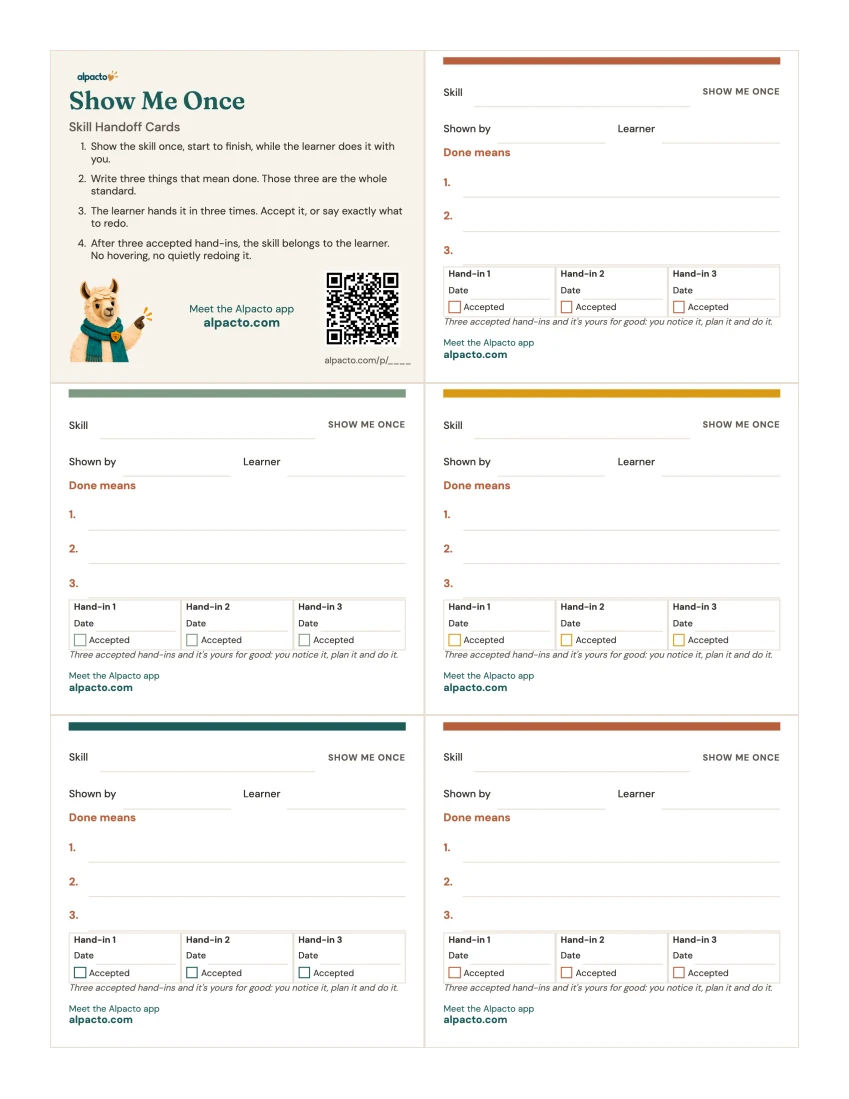 Skill Handoff Cards, multicolor design, blank page