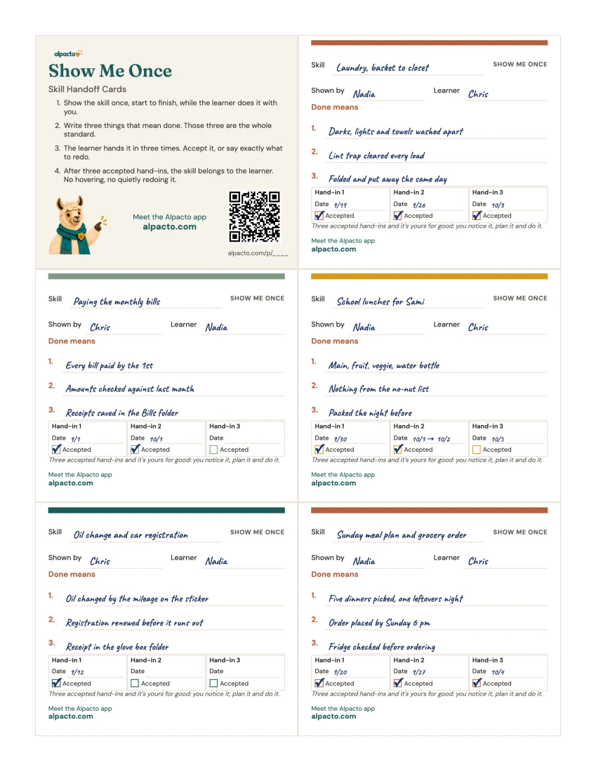 Skill Handoff Cards filled in as an example, with skills handed over in both directions