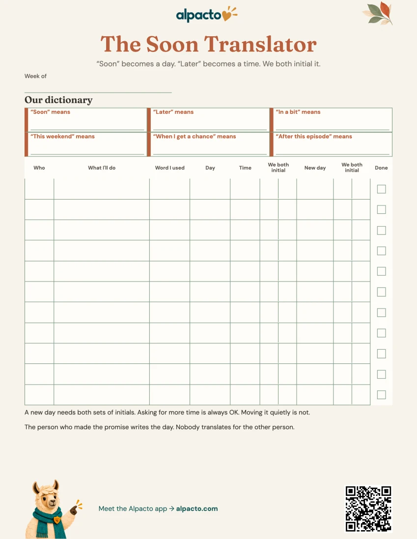Blank soon translator, warm design, cream paper with a terracotta title
