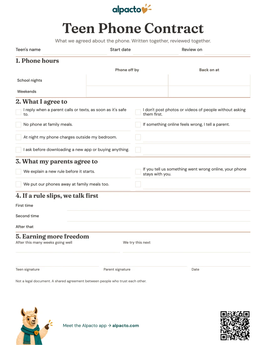 Teen phone contract printable, blank