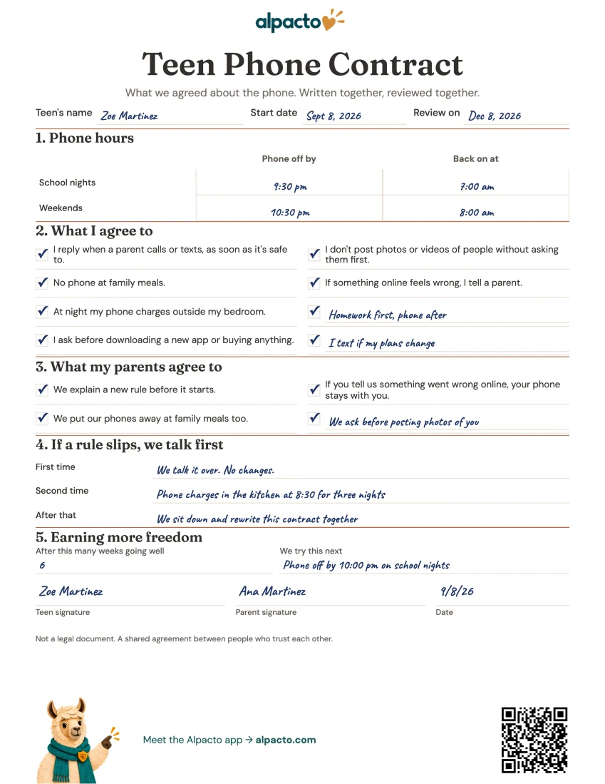 Filled-in teen phone contract for Zoe Martinez, all rules checked, two added by hand, signed by Zoe and her mother