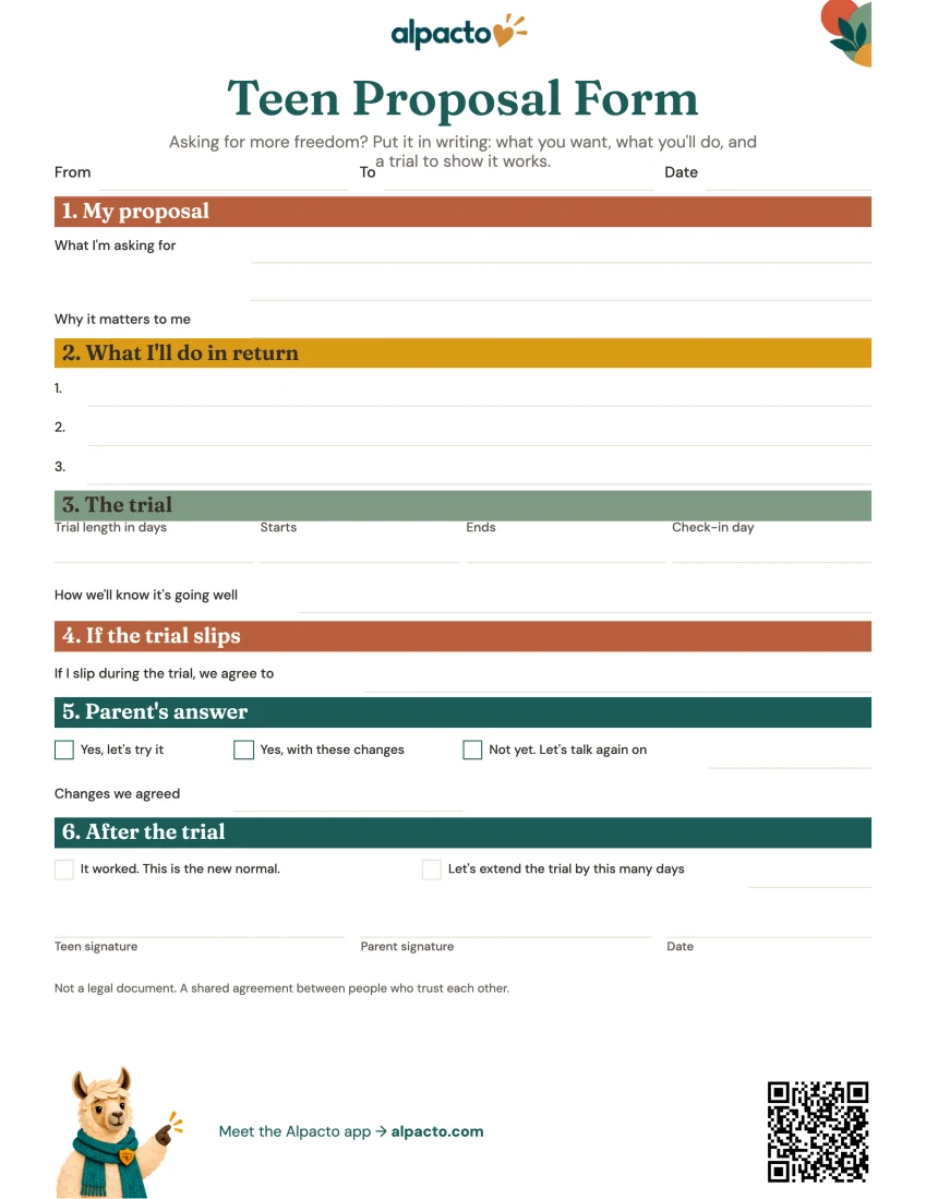 Teen Proposal Form, color, blank