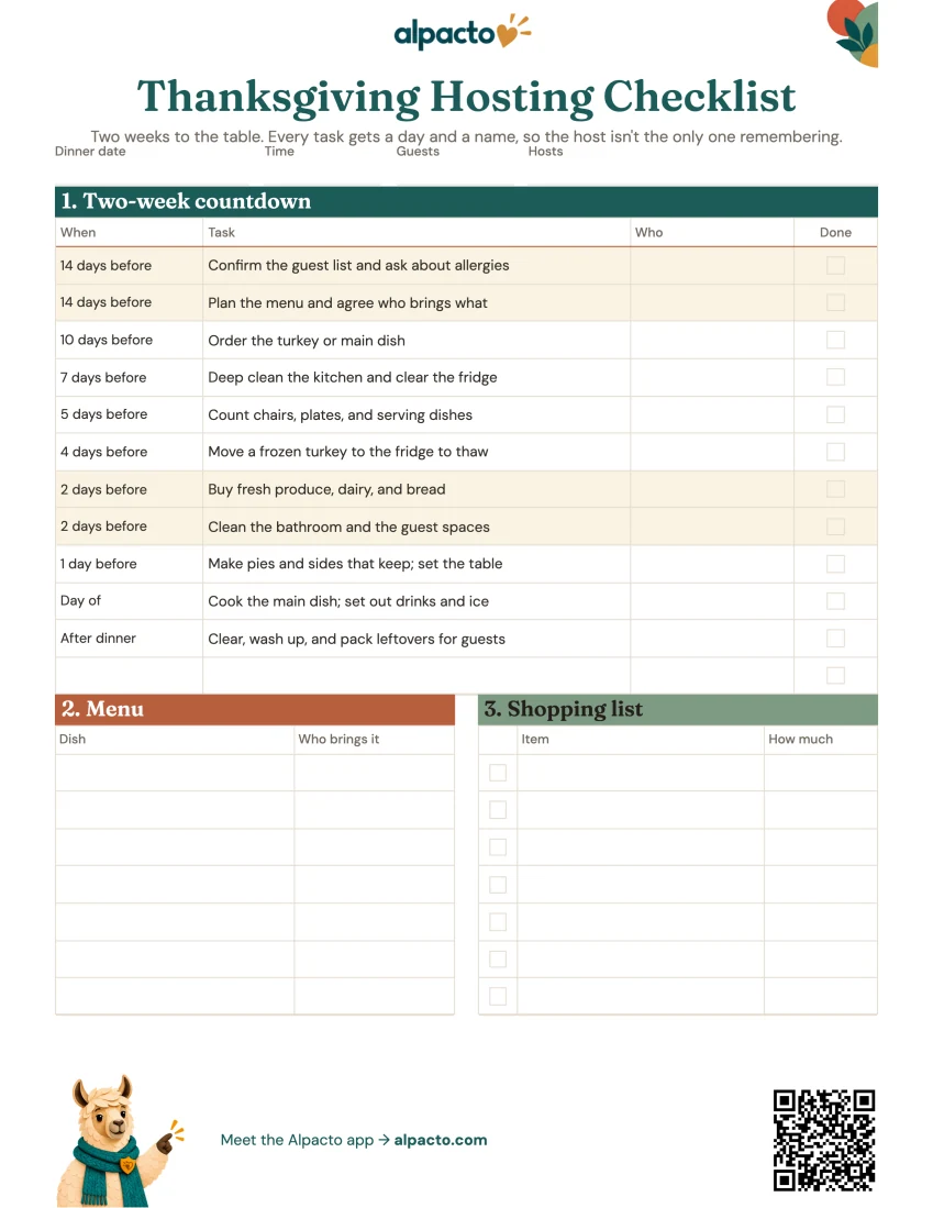 Blank Thanksgiving hosting checklist, color design, with teal, terracotta and sage section bars