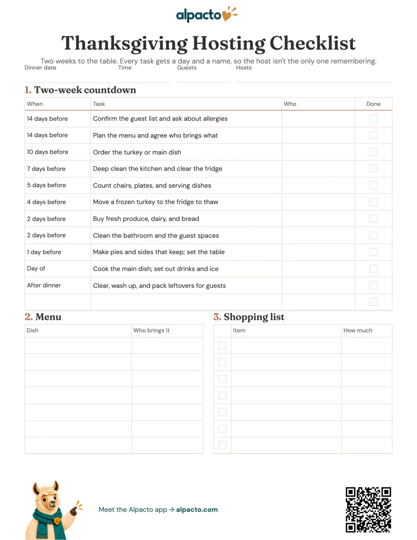 Thanksgiving hosting checklist printable, blank