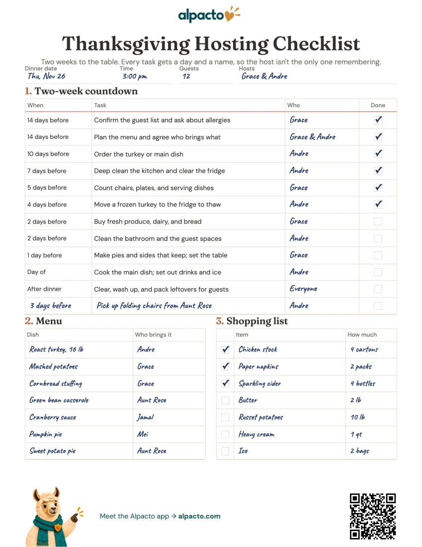 The Thanksgiving hosting checklist filled in for Grace and Andre, minimal design, with names in Who, a seven-dish menu and a shopping list
