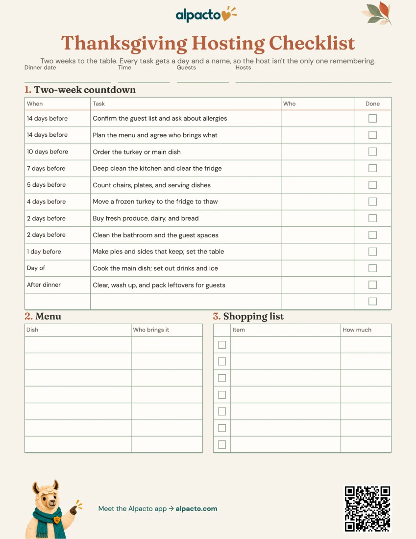 Blank Thanksgiving hosting checklist, warm design, cream paper with a sage table grid