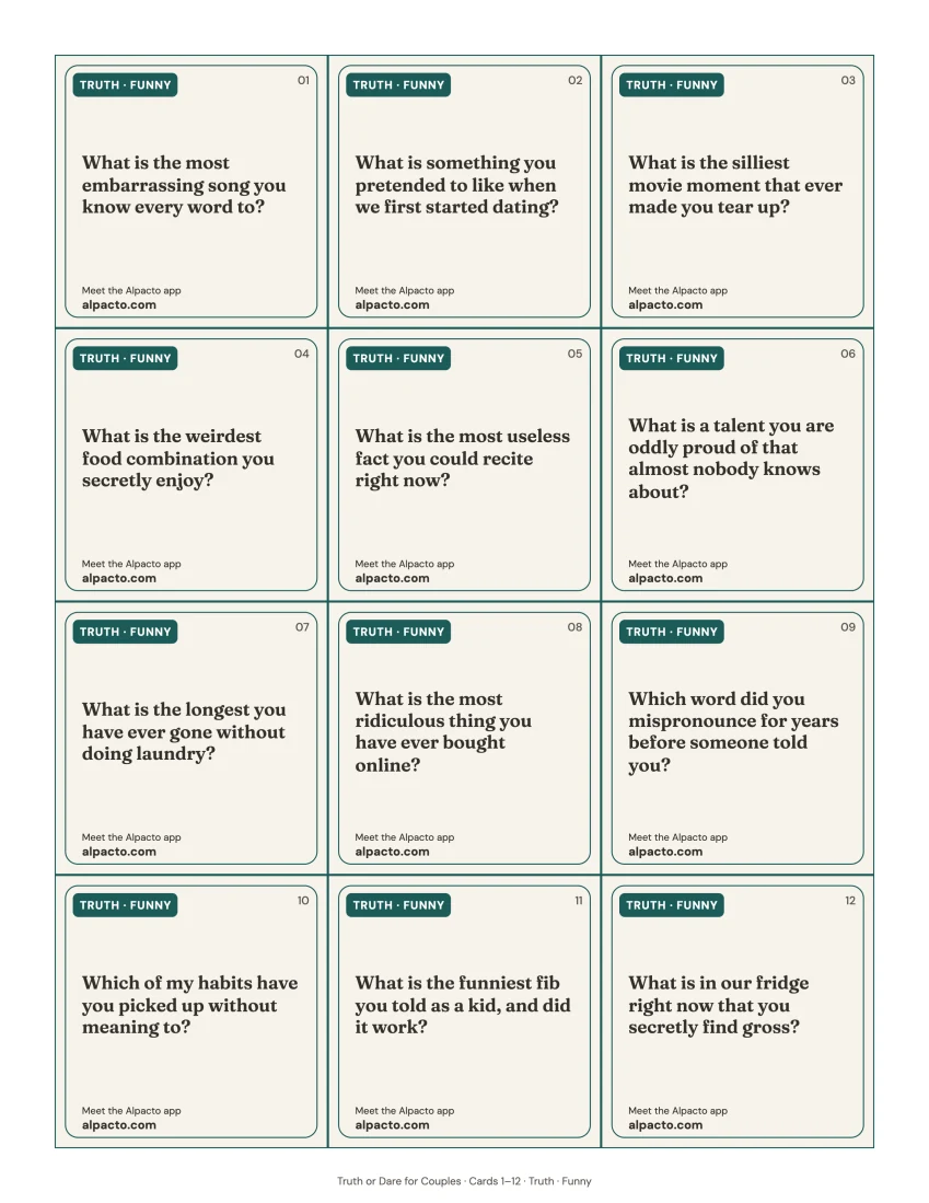 A printed sheet of twelve truth cards before cutting