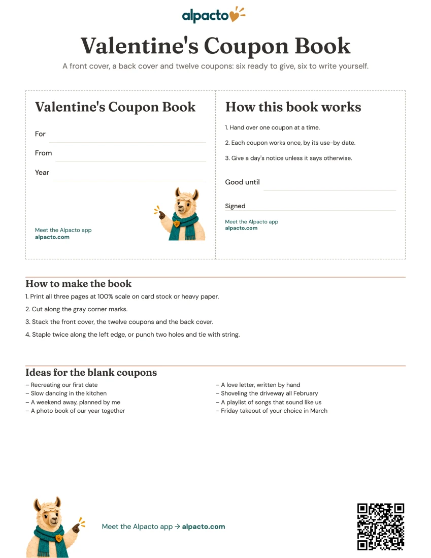 Blank first page of the Valentine's coupon book with both covers and eight ideas for blank coupons