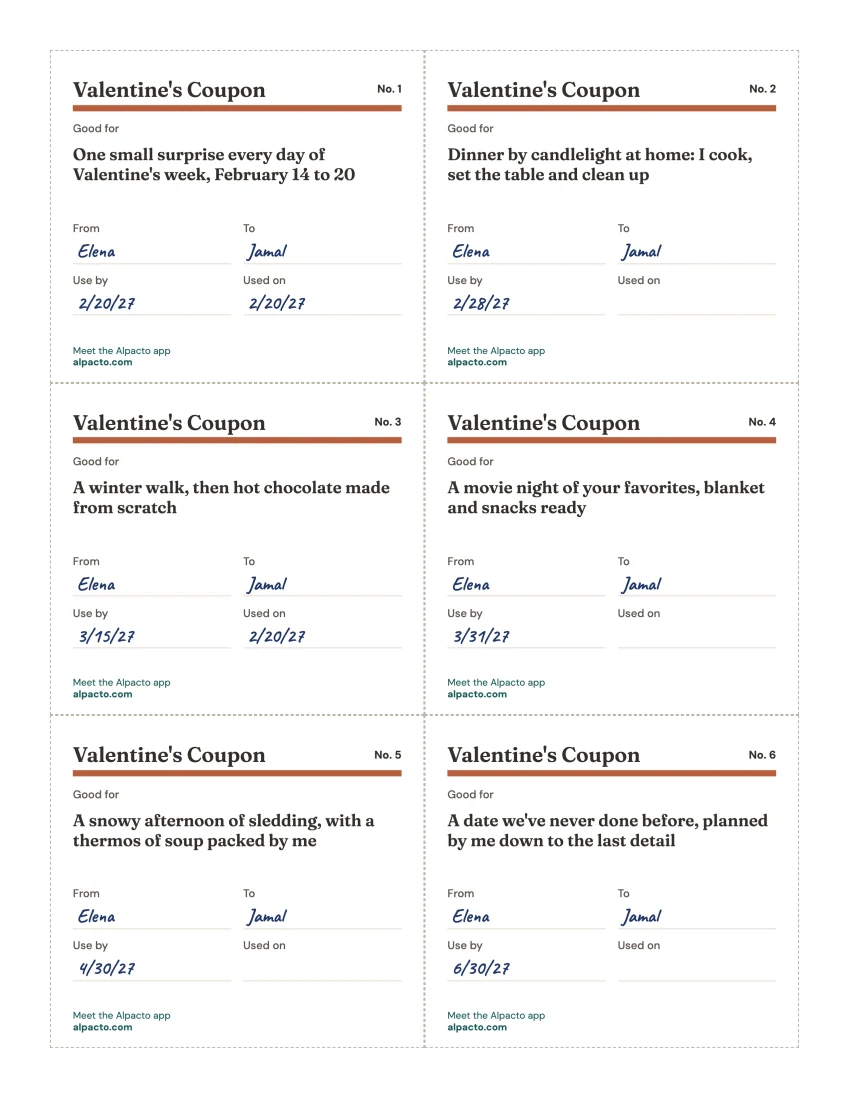 Page two of the Valentine's coupon book filled in: coupons No. 1 to No. 6 from Elena to Jamal, each with a use-by date, No. 1 and No. 3 marked used