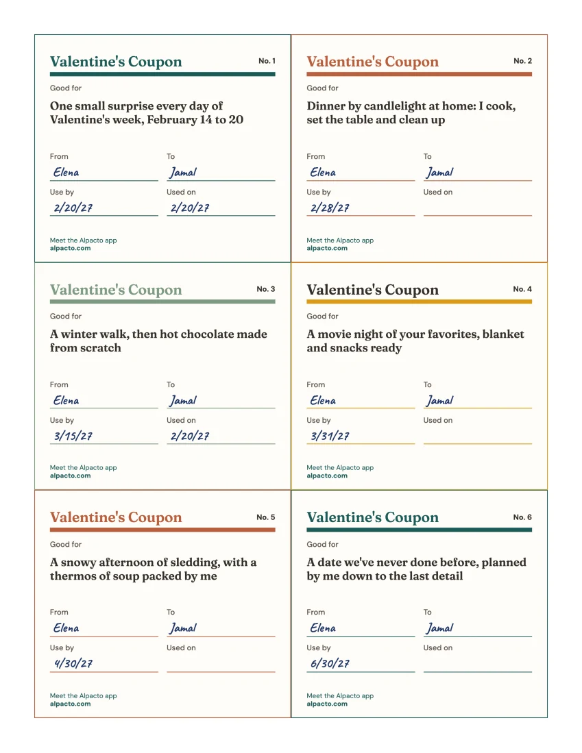 A page of the Valentine's coupon book filled in as an example, with use-by dates written on each coupon