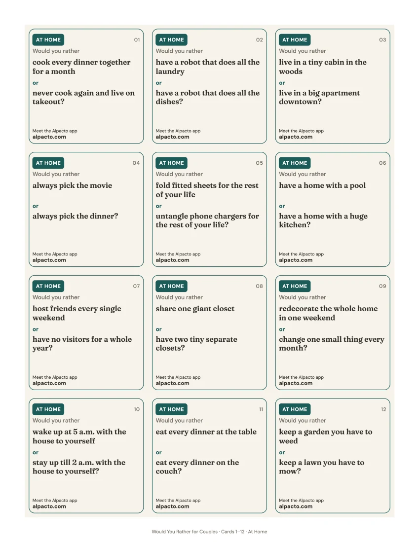 One printed sheet of would you rather cards for couples, twelve cards with crop marks