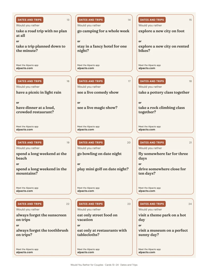 Color version of the would you rather card deck for couples, one printed sheet