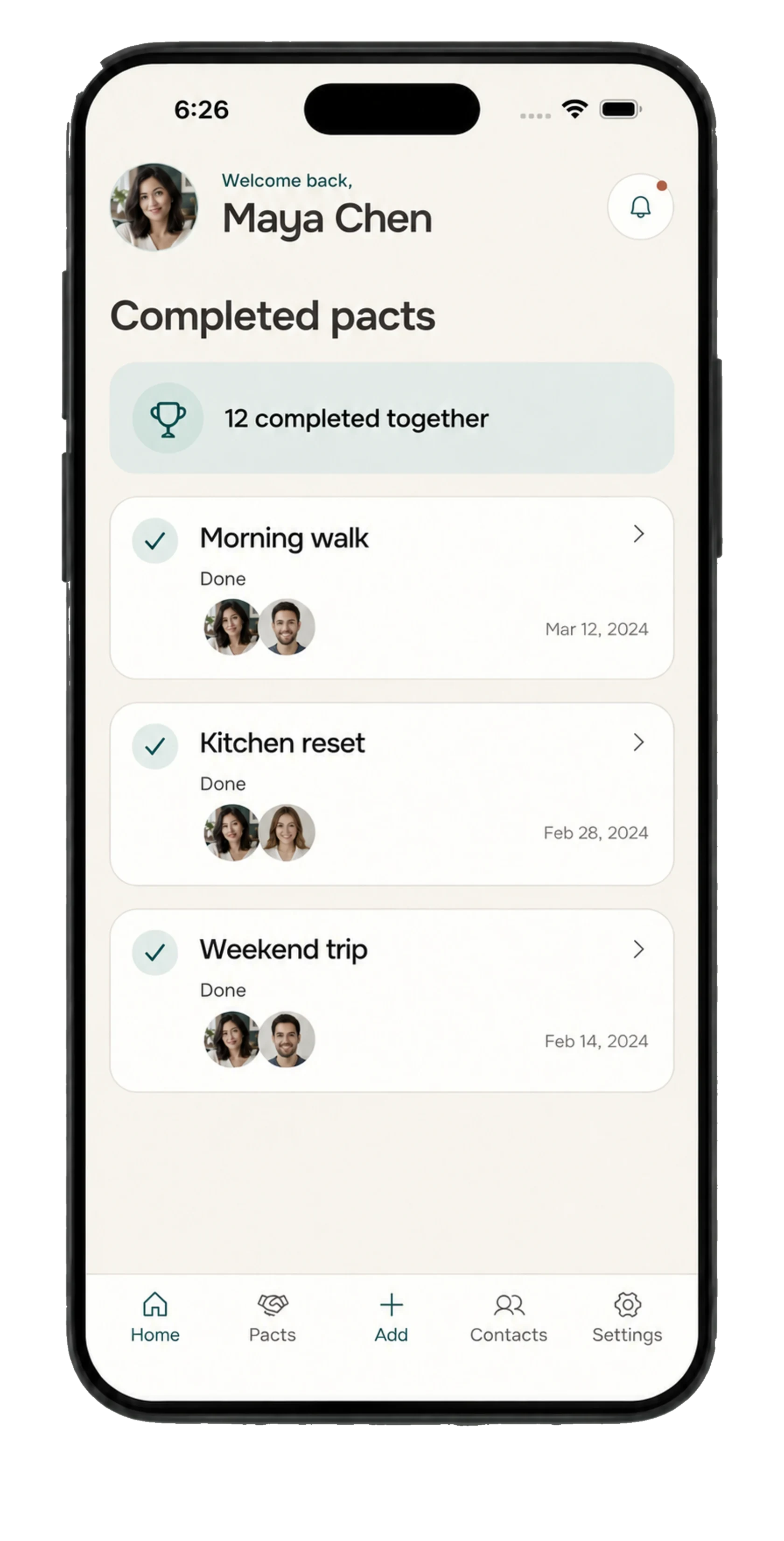 Alpacto Completed pacts screen with three finished pacts and a shared count