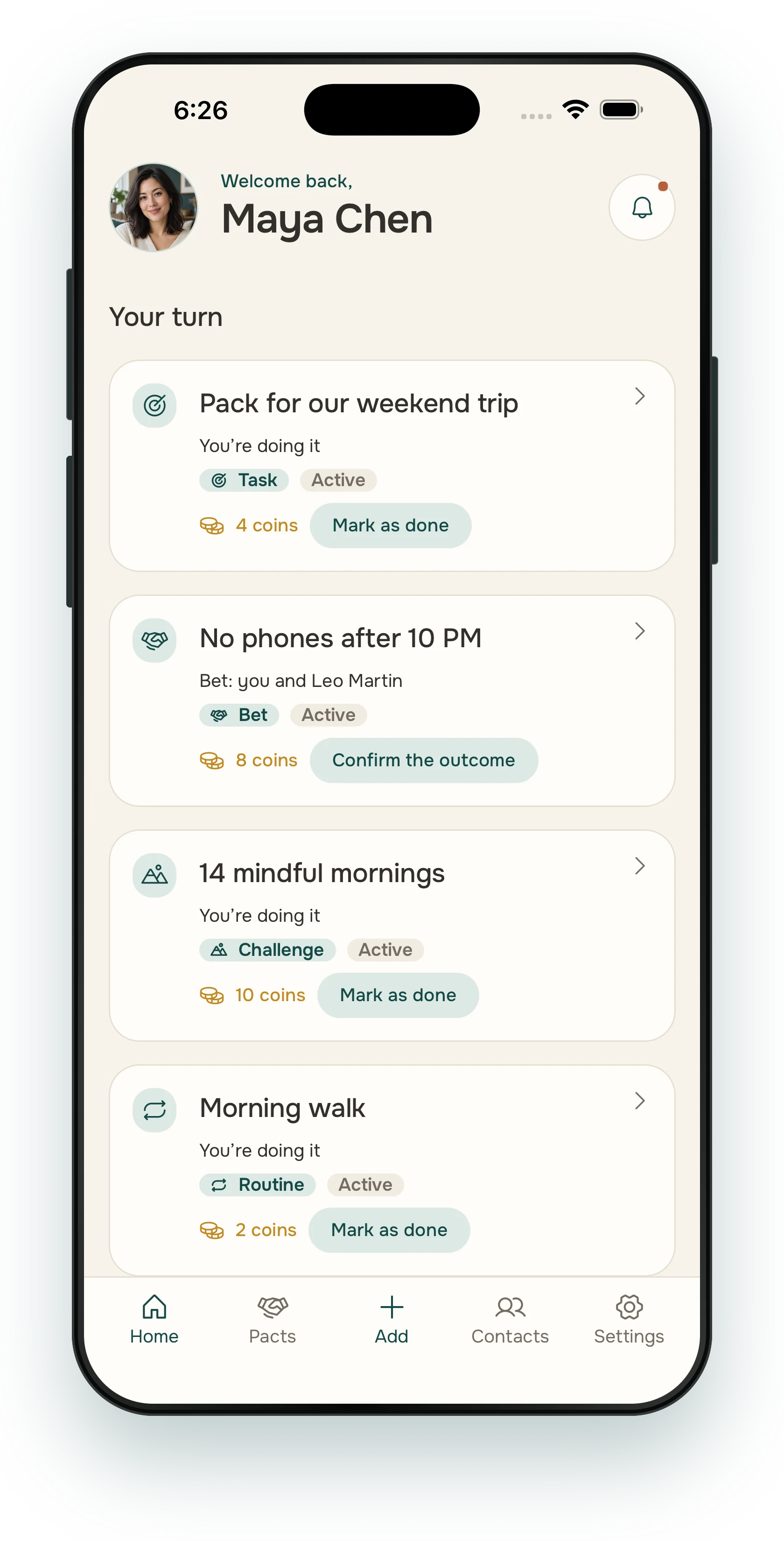 Alpacto home screen showing shared pacts with Maya and Leo