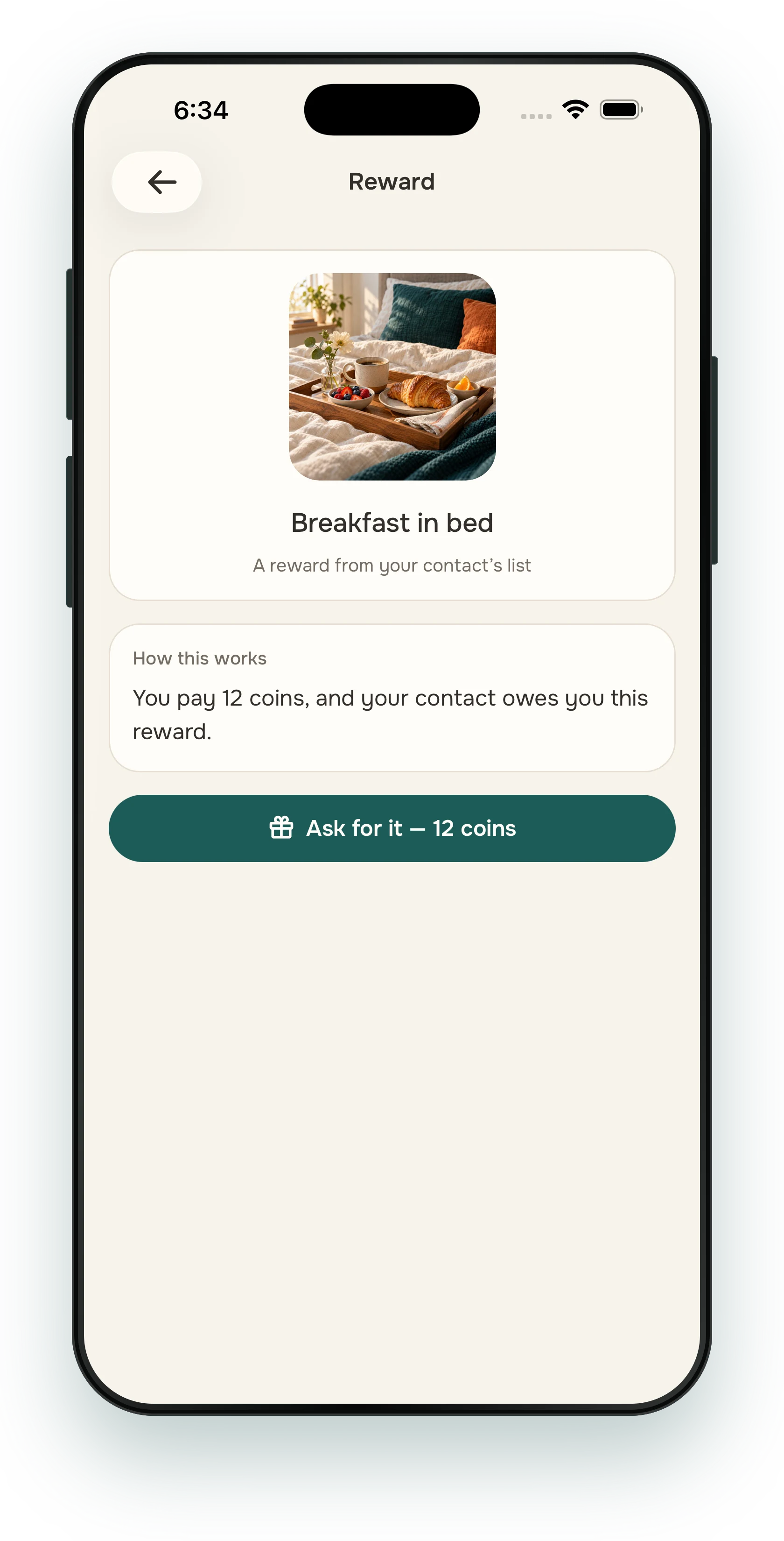 Alpacto reward screen showing breakfast in bed
