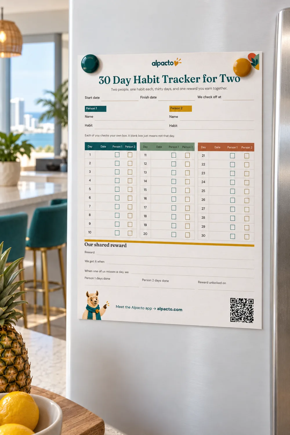 Blank 30 day habit tracker for two, color design, held by two magnets on a stainless fridge