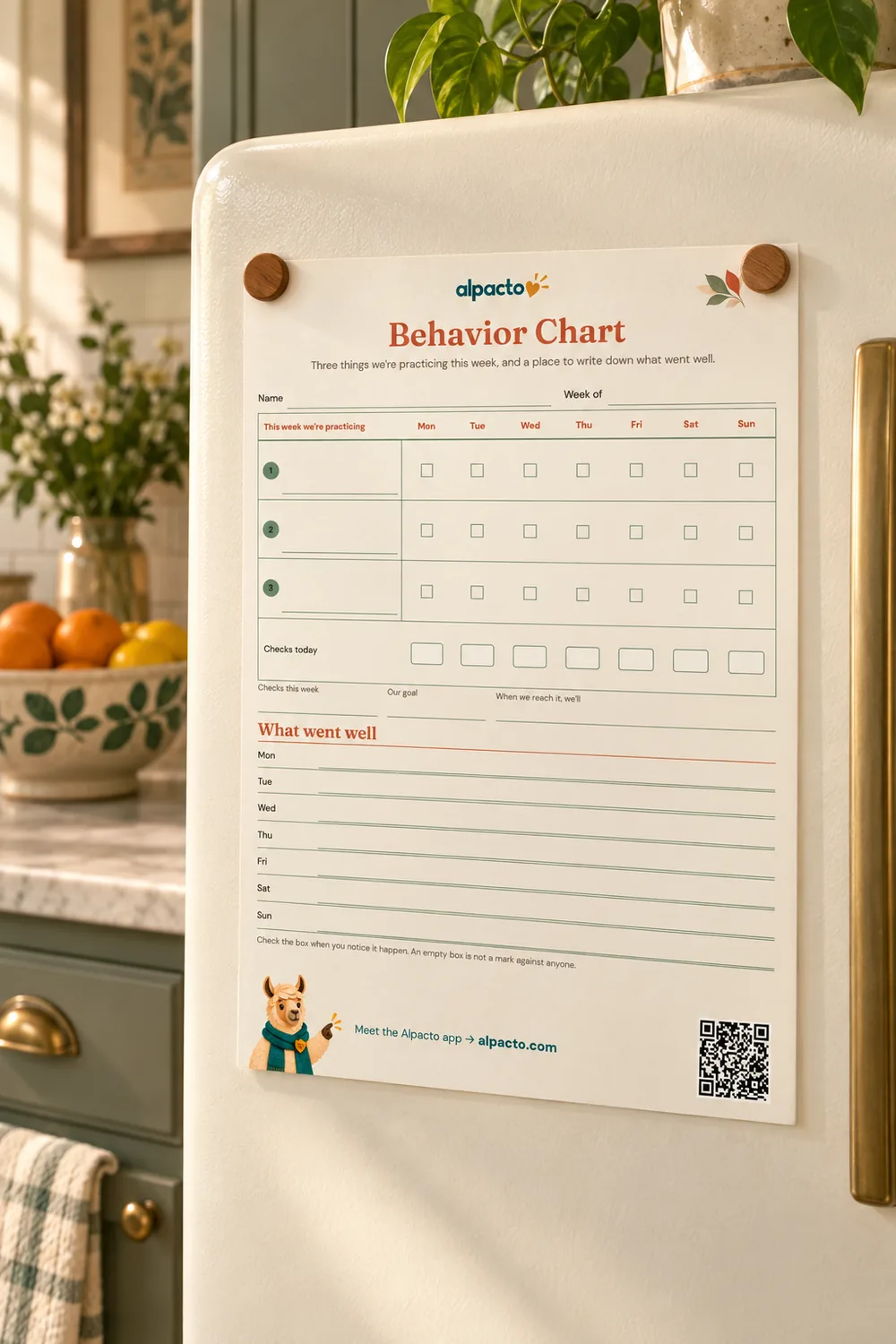 A blank behavior chart in the warm design held by two wooden magnets on a cream refrigerator.