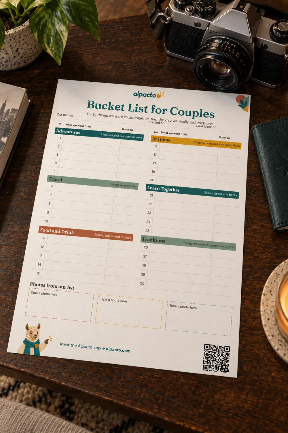 Blank bucket list for couples, color design, on a wooden table next to a film camera