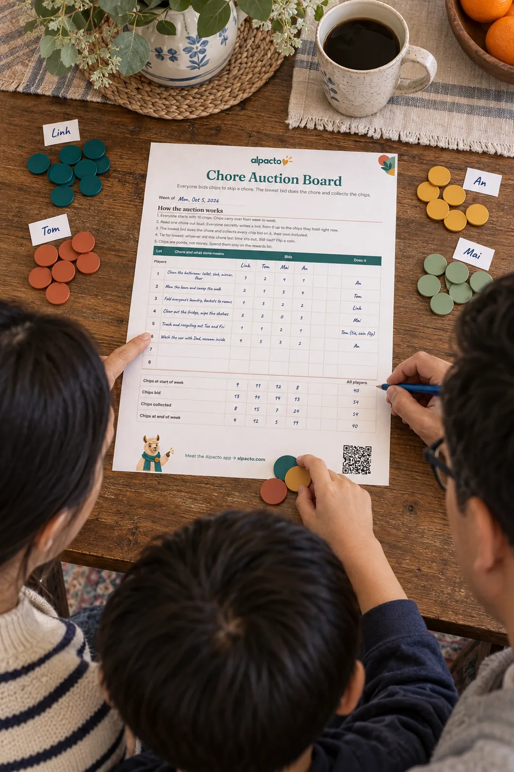 A family at a kitchen table fills in a printable chore auction board, with paper chips piled by each player's name card.