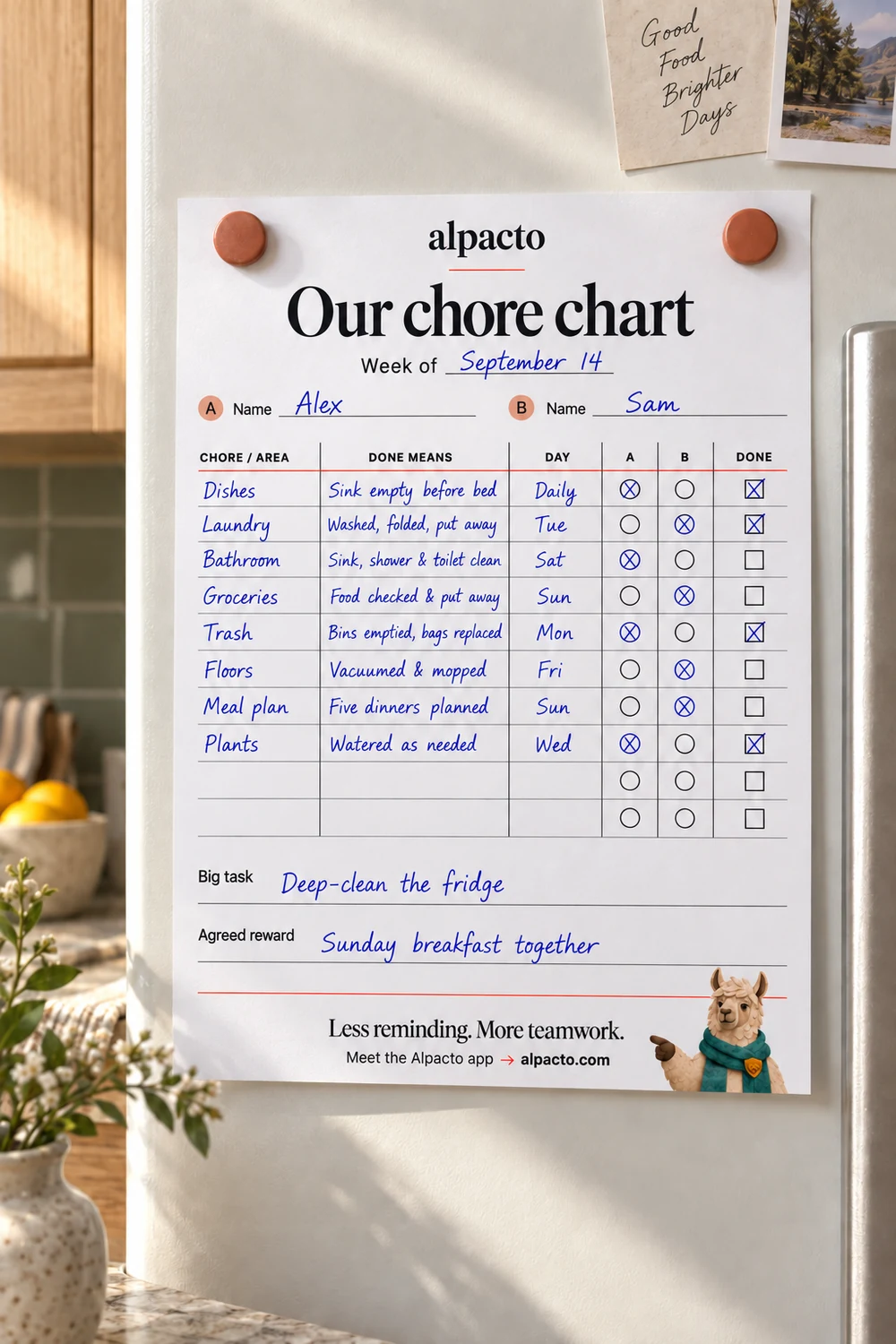 A printable chore chart for couples hangs on a fridge with both partners' chores ticked off for the week.