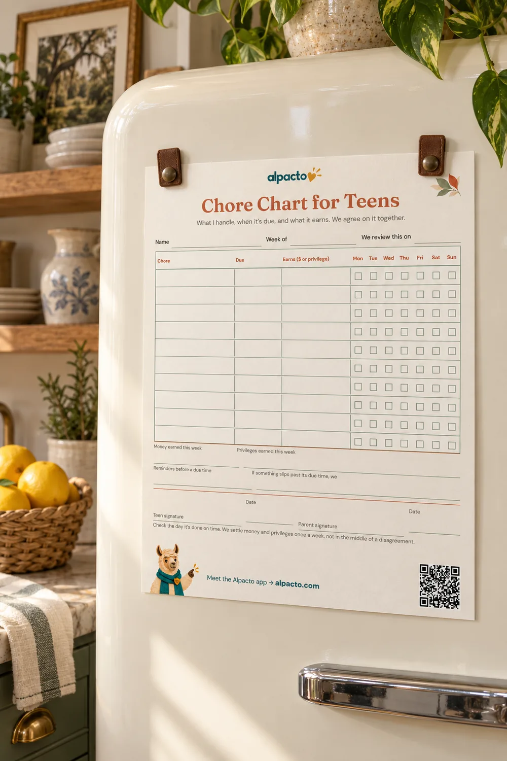 A blank chore chart for teenagers in the warm design, held by two leather tabs on a cream refrigerator.