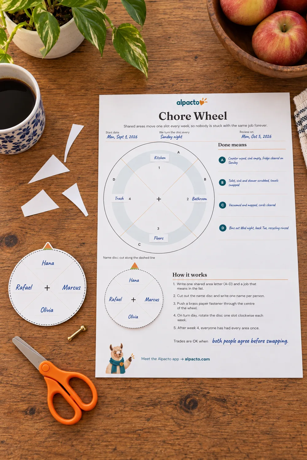 A printable chore wheel filled in for four roommates on a wooden table, the name disc cut out beside it with scissors and a brass fastener.