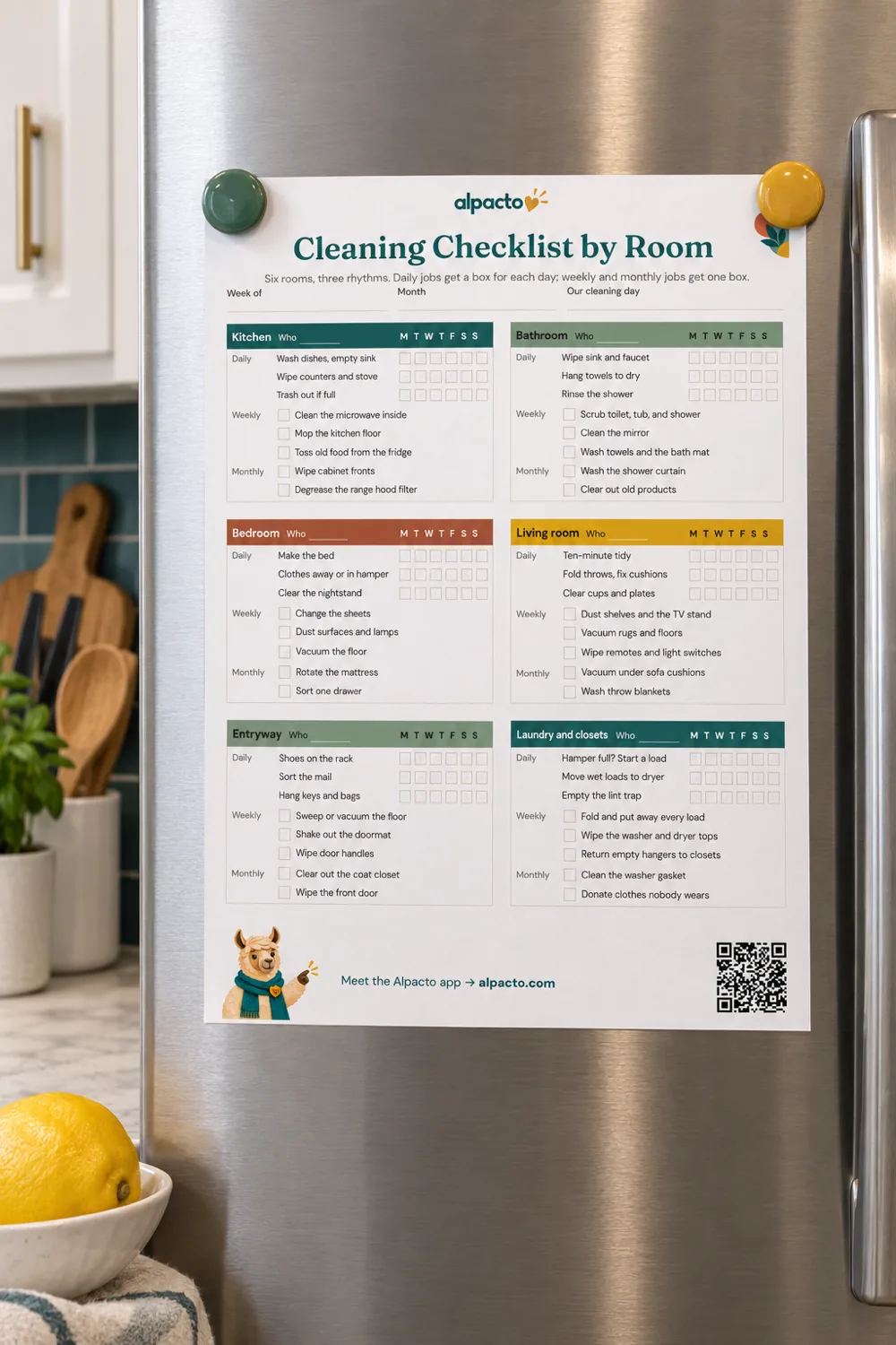 House cleaning checklist by room on a stainless fridge door, held by two round magnets