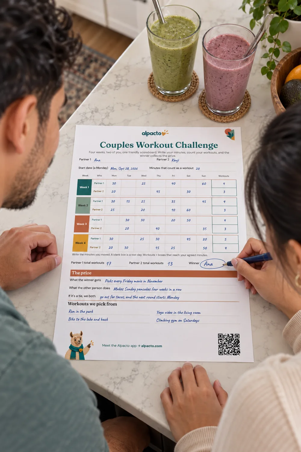 A couple at a kitchen island circling Ana as the winner on a filled-in couples workout challenge sheet