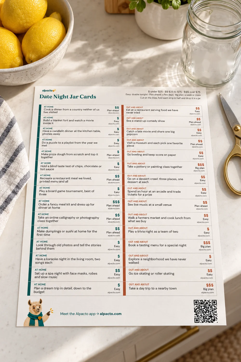 Page one of the date night jar cards on a kitchen counter, thirty idea strips with a cost and a prep code on each, an empty glass jar and scissors beside it.