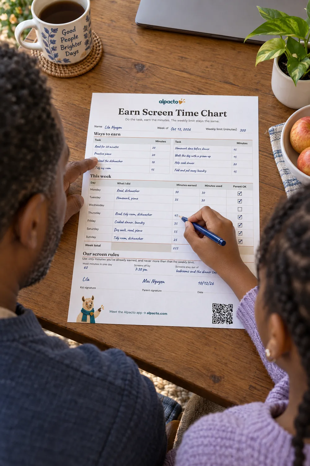 A father and his daughter at a kitchen table, the girl writing in the filled-in earn screen time chart, minimal design.