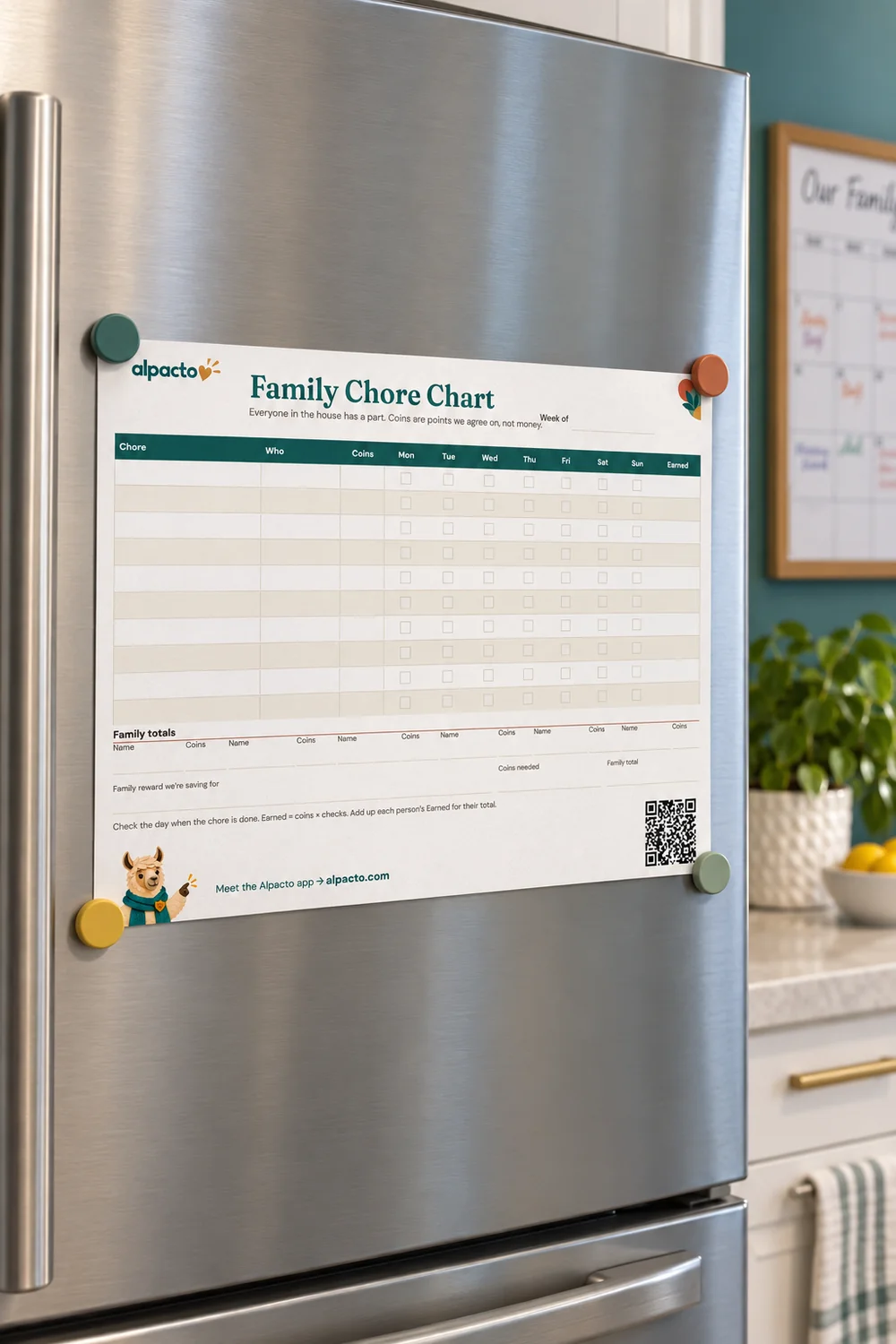 A blank family chore chart in the color design held by four magnets on a stainless steel refrigerator, with a family calendar on the wall beside it.