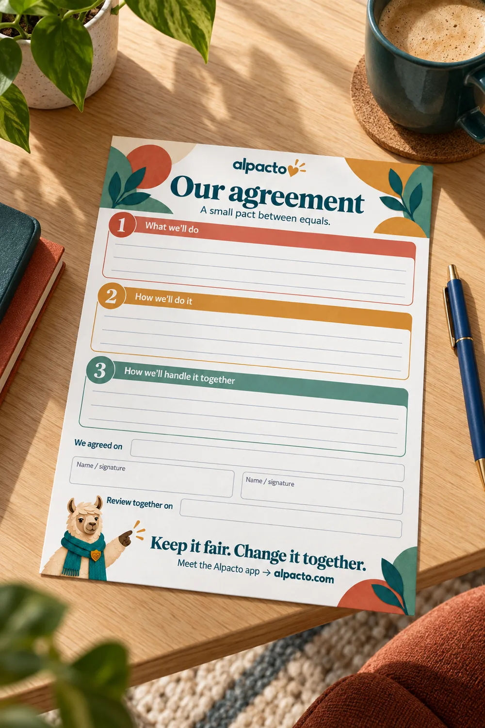 A blank house rules printable, Our agreement in the color design, lying on a wooden table beside a pen and a mug.