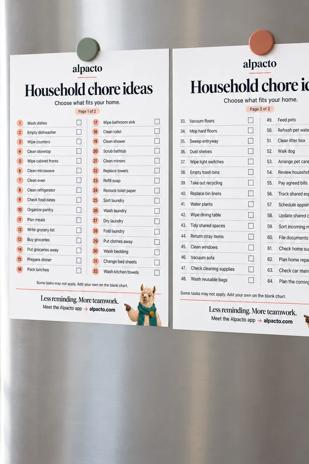 Both pages of the printable household chores list, blank, on a fridge door