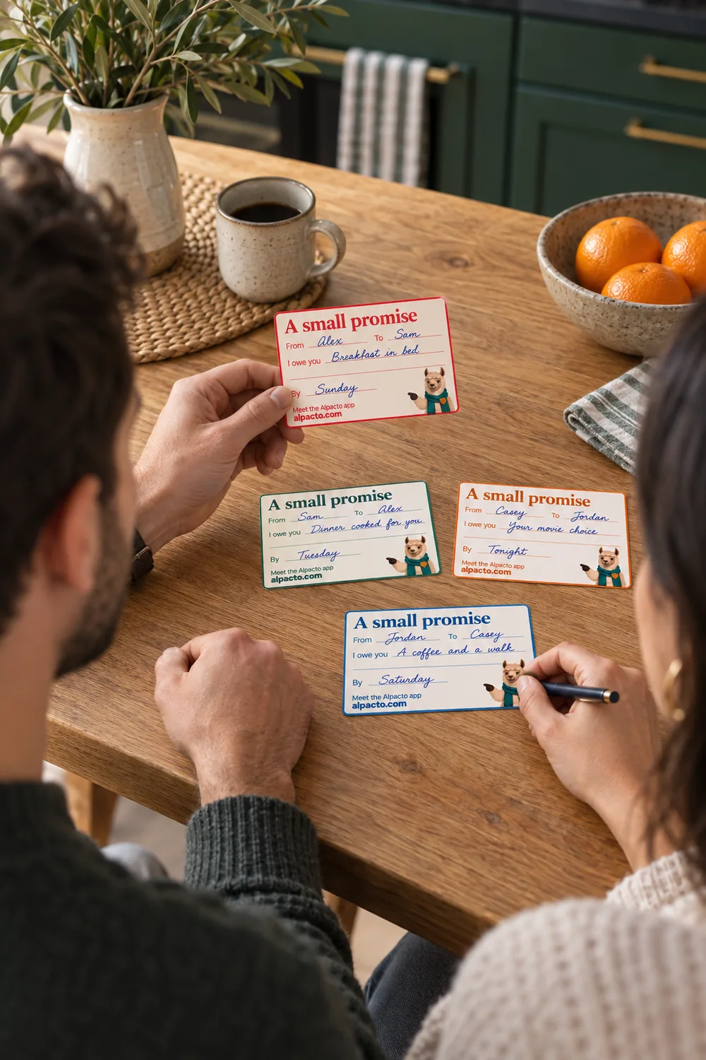 Two people at a kitchen table writing IOU cards for each other: breakfast in bed by Sunday, dinner cooked for you by Tuesday, a coffee and a walk by Saturday.