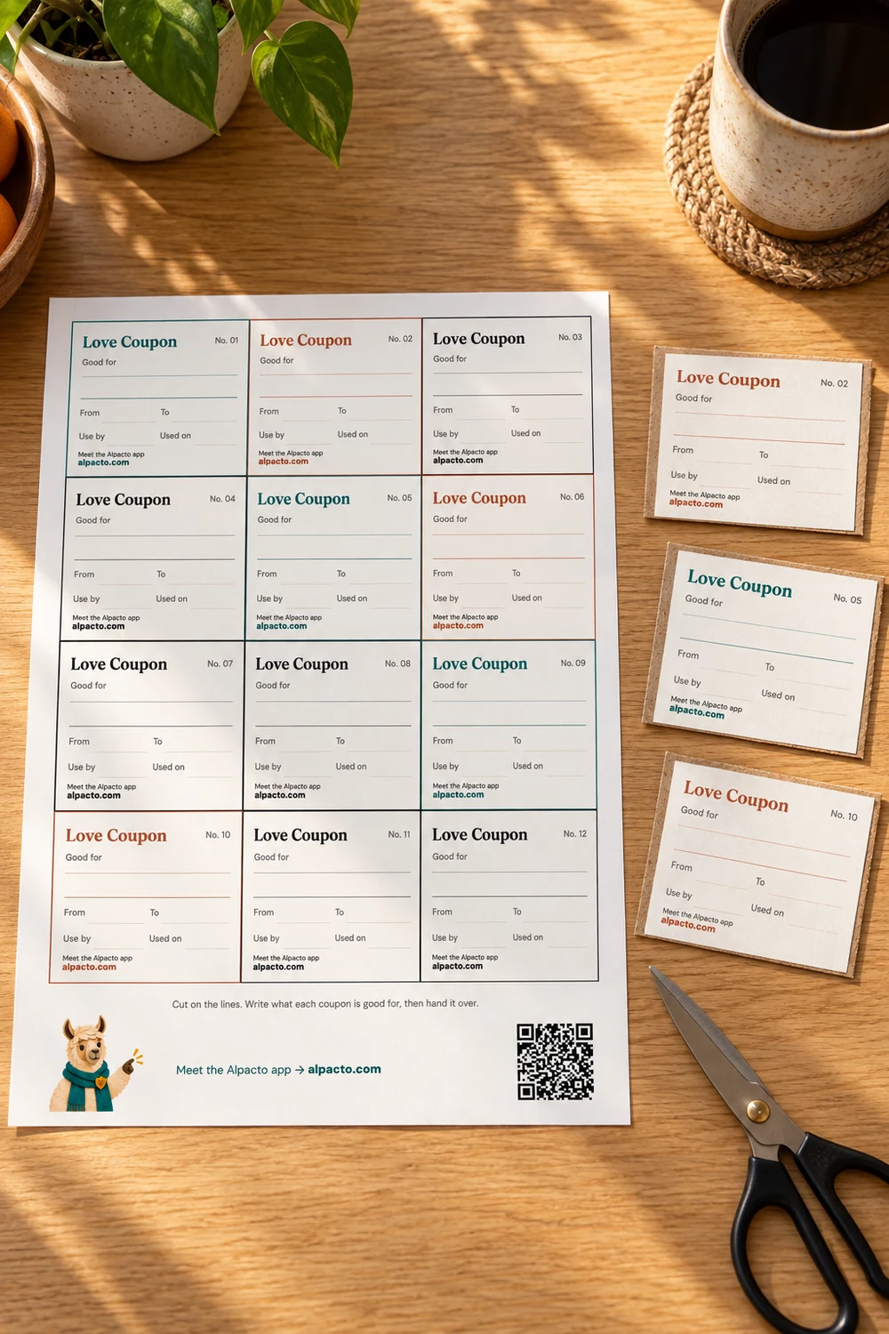 A printable love coupons sheet on a table, with three coupons already cut out beside it.