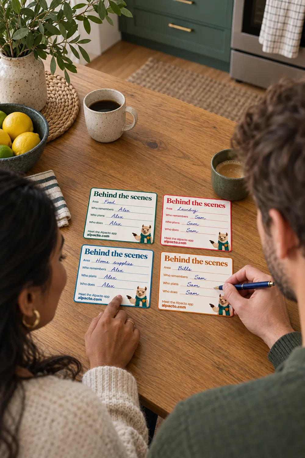 Mental load cards: two people at a kitchen table filling in Behind the scenes cards for Food, Laundry, Home supplies and Bills