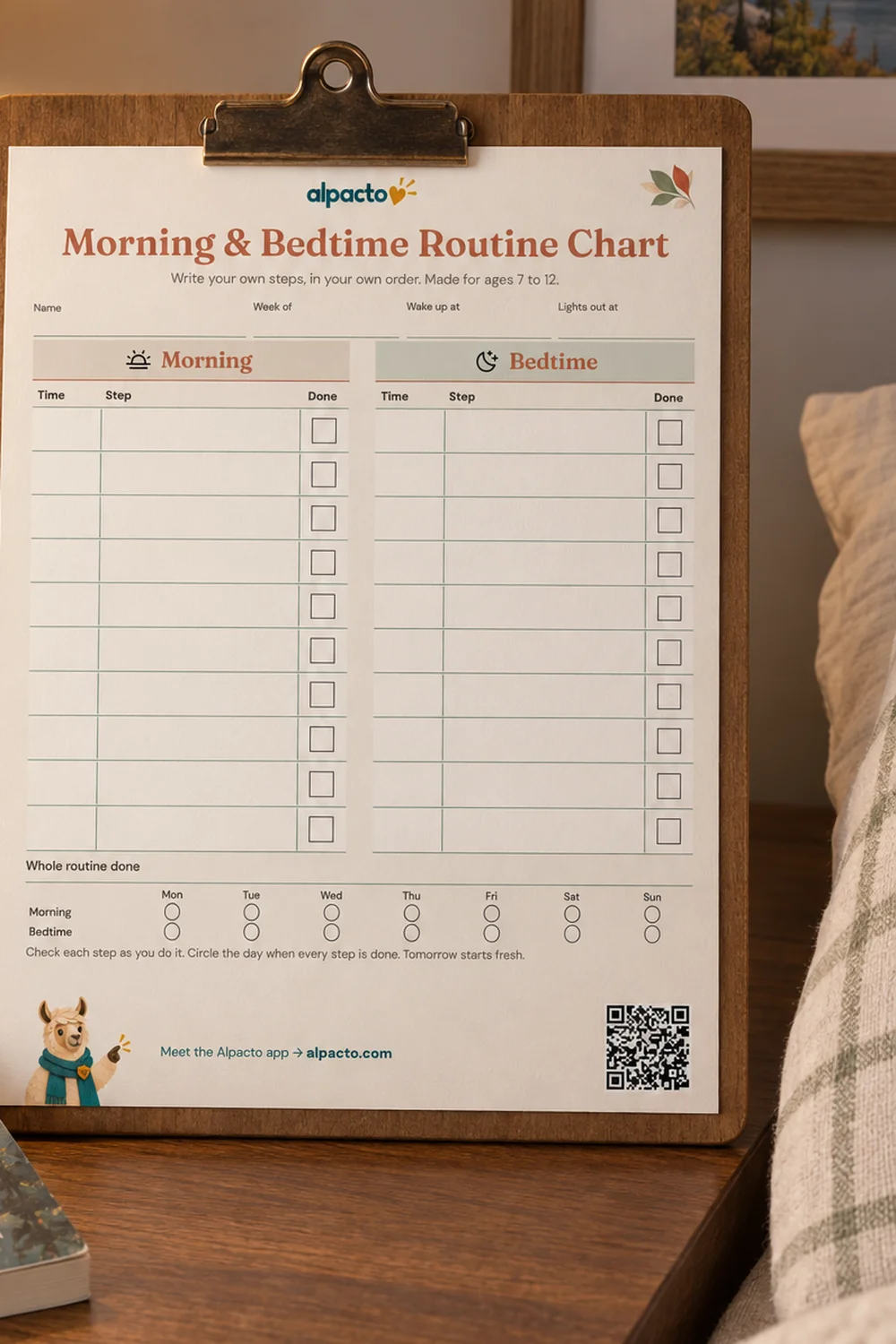 A blank morning and bedtime routine chart for ages 7 to 12 in the warm design, on a wooden clipboard propped on a bedside table.