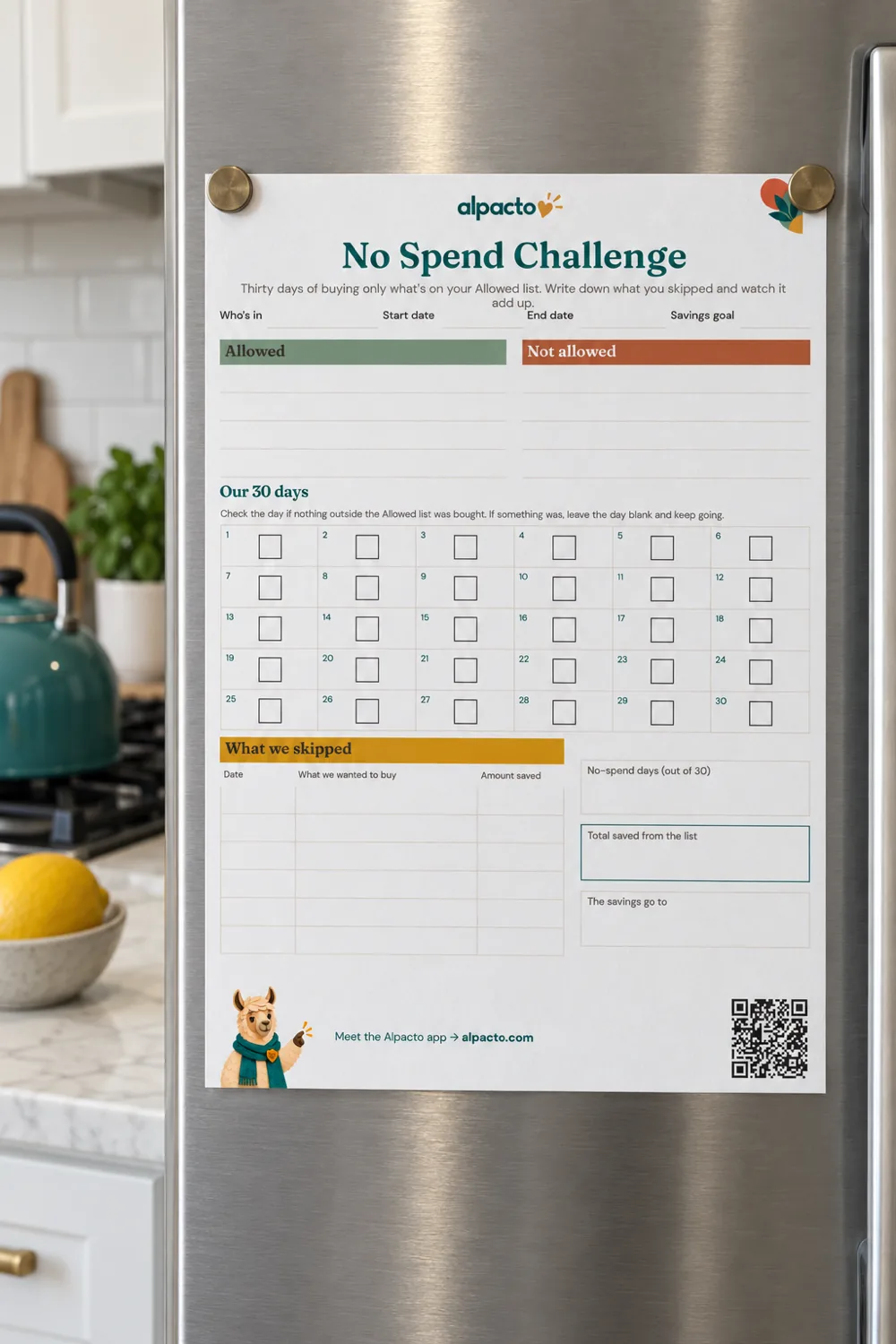 No spend challenge printable in the color design, blank, held by two magnets on a stainless fridge