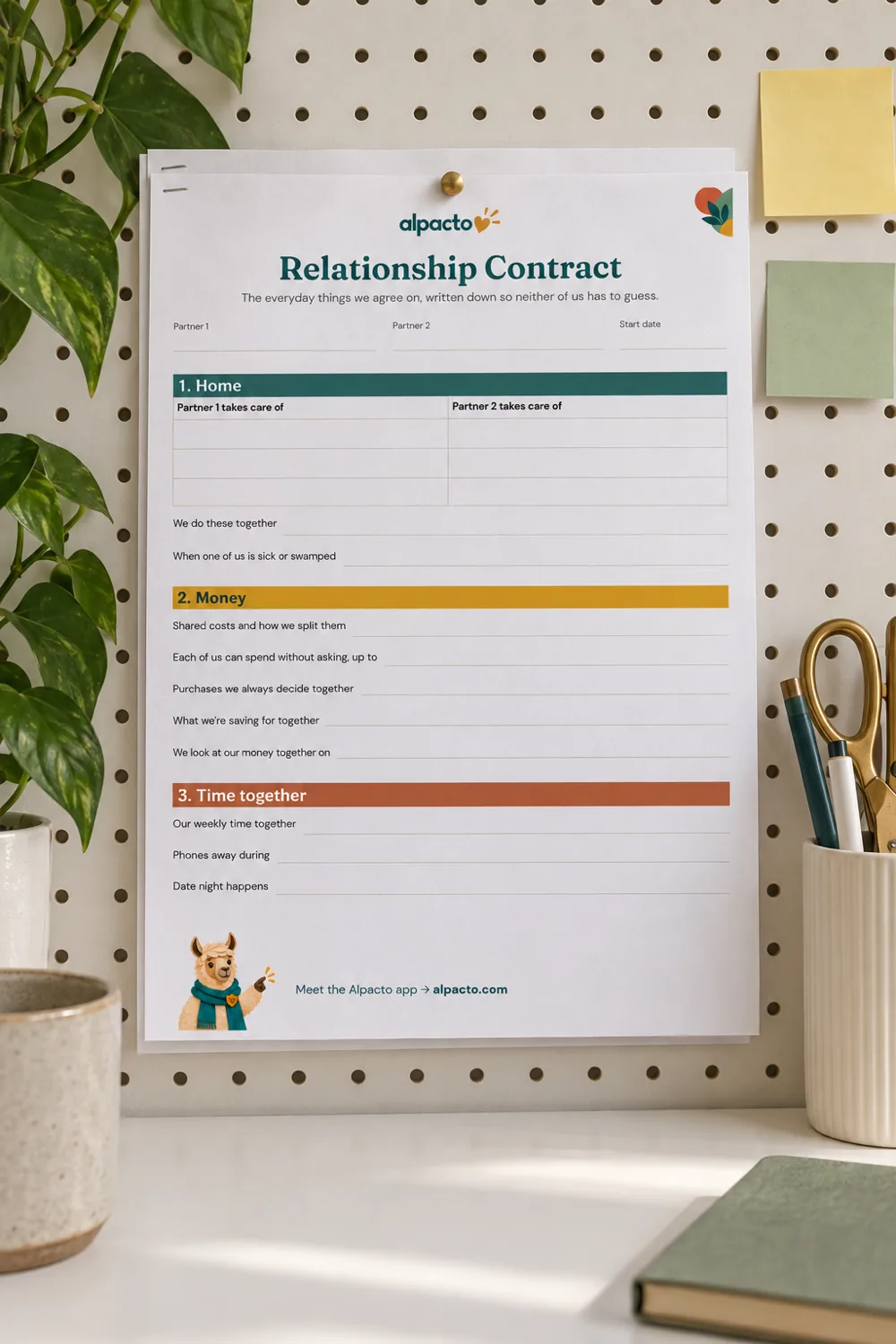 A blank relationship contract template, page one in the color design, pinned to a pegboard above a desk.