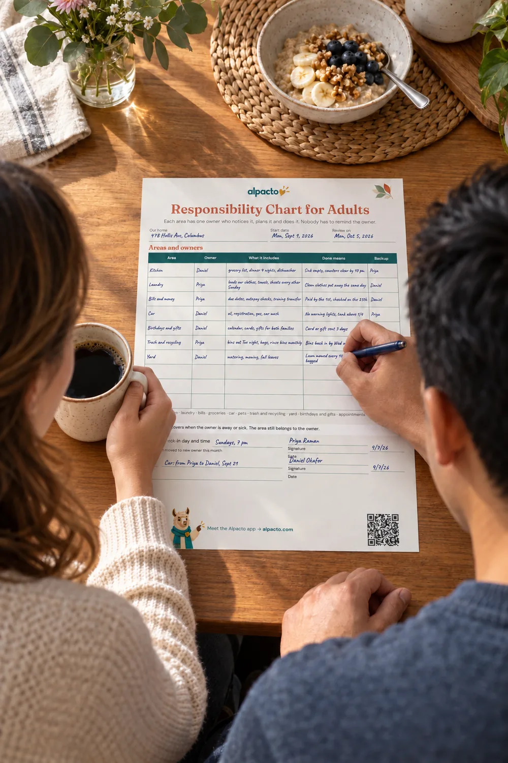 Two adults at a breakfast table fill in a printable responsibility chart for adults, one owner for each area.