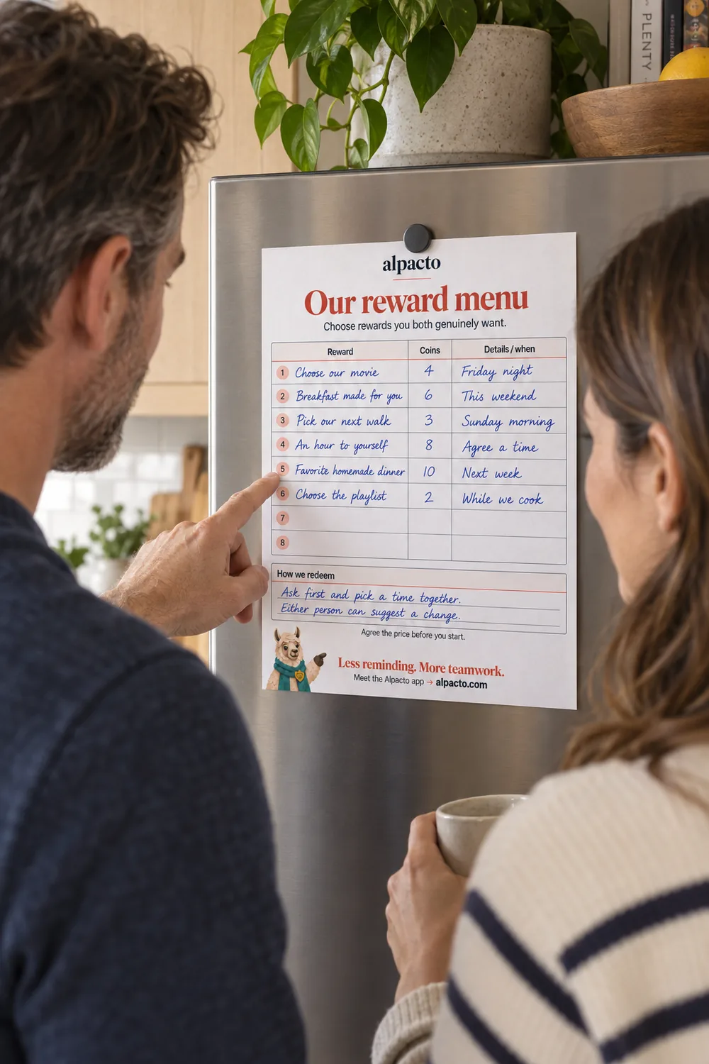 A reward chart for adults on a fridge door: a filled-in reward menu with six rewards priced from 2 to 10 coins, and two people reading it.