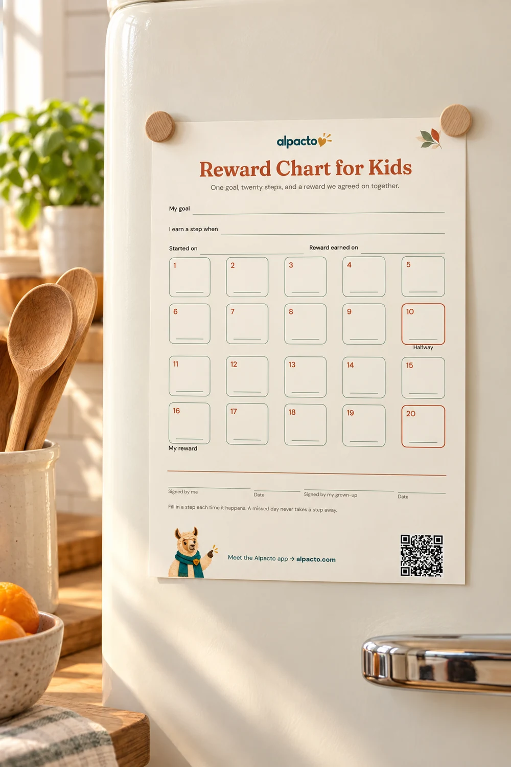A printable reward chart for kids on the fridge, a blank track of twenty numbered steps.