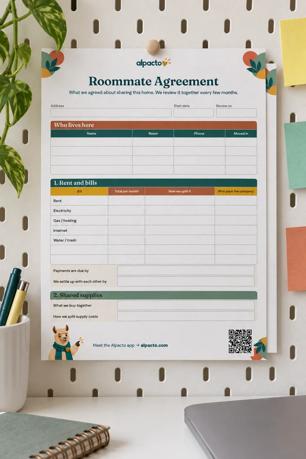 A blank printable roommate agreement, page one in the color design, pinned to a pegboard above a desk.
