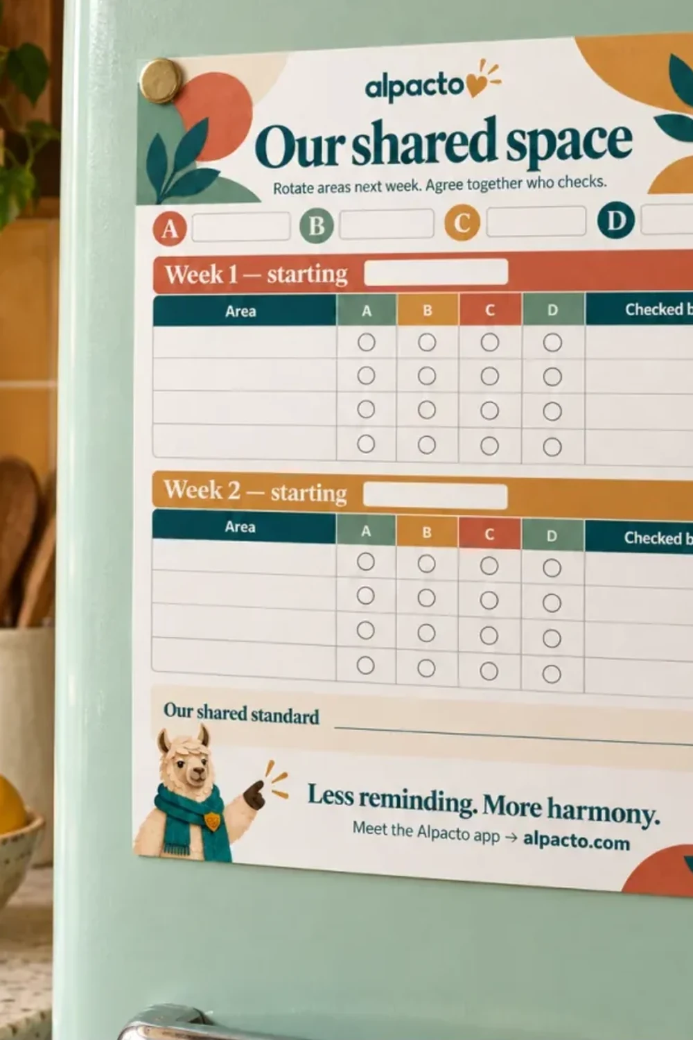 A blank printable roommate chore chart held to the fridge door with magnets