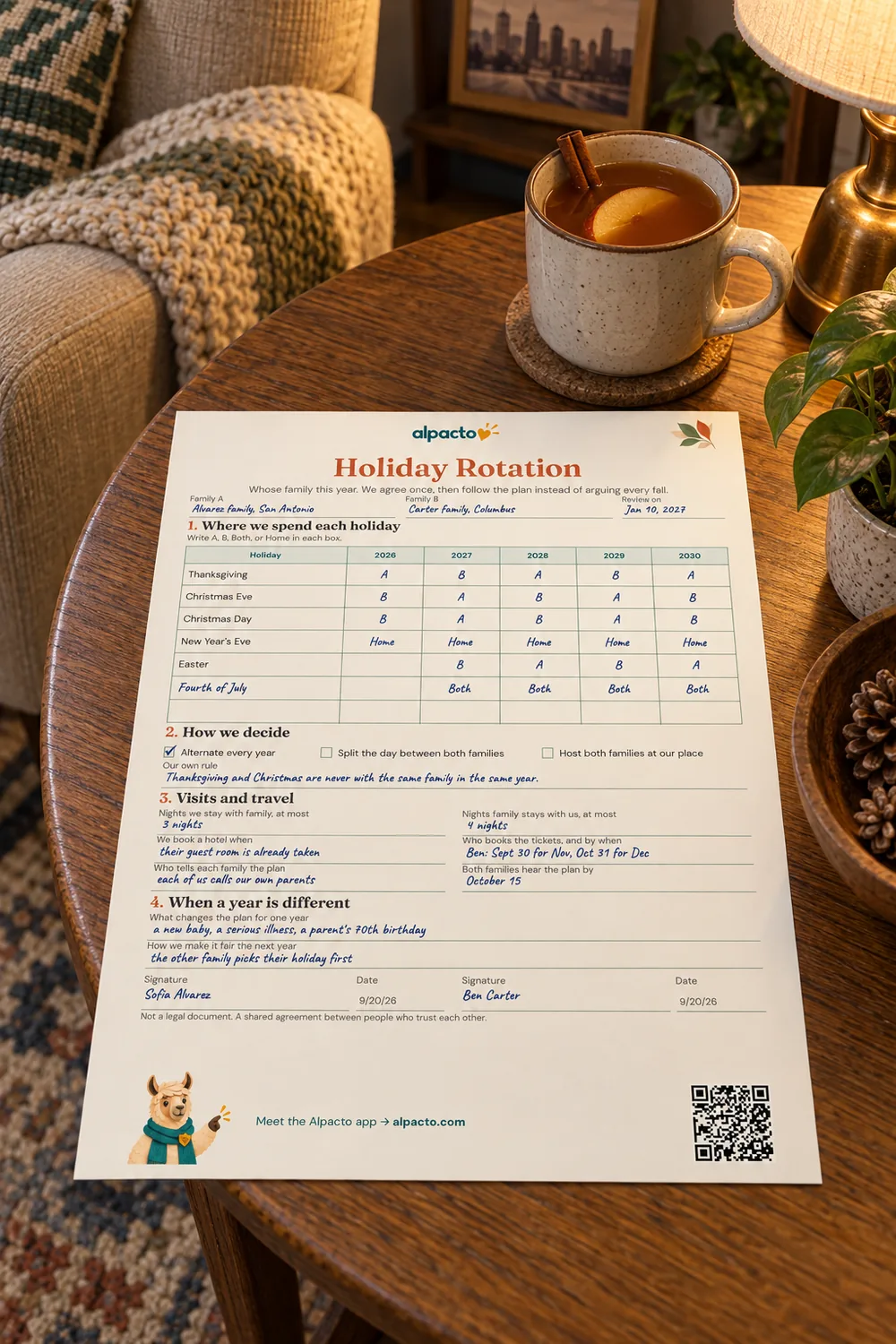A filled-in holiday rotation sheet in the warm design on a round wooden table, next to a warm drink with a cinnamon stick.